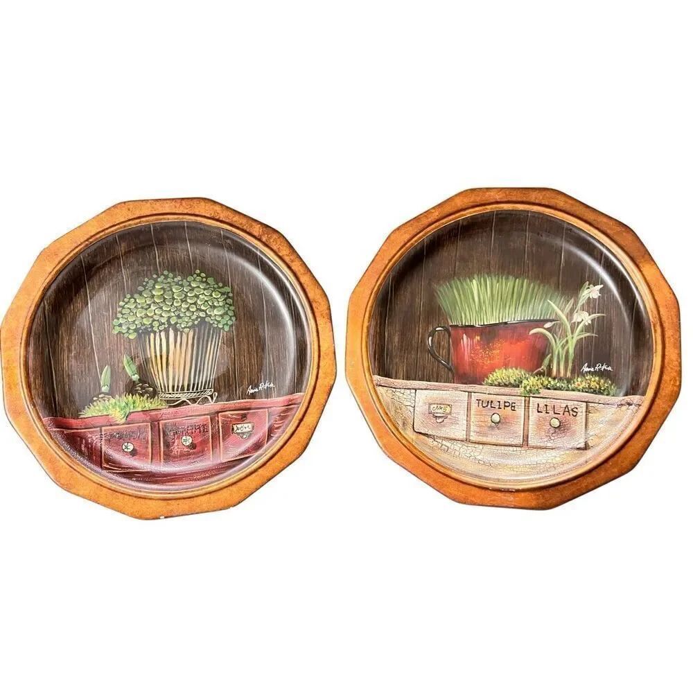 Vintage Lot of 2 TamSan Designs Hand Painted Round Signed Decorative Plate Brown